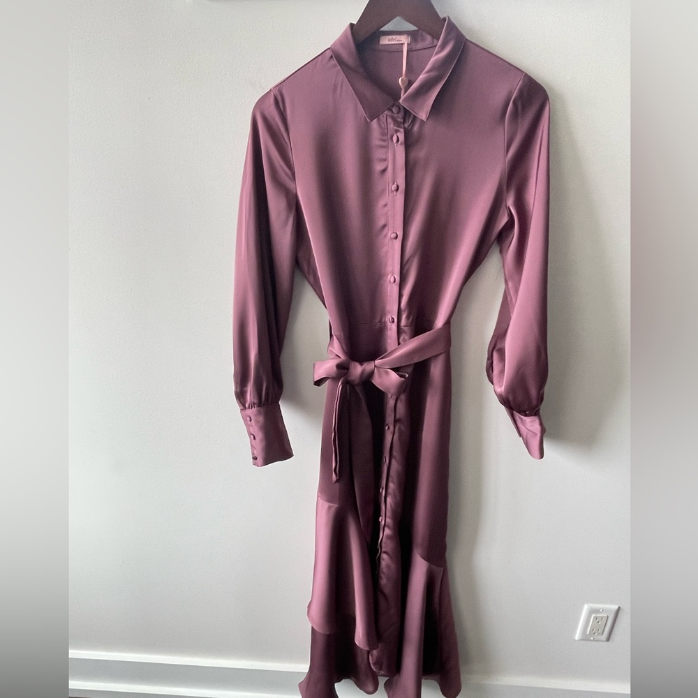 Long-Sleeve Satin Shirt Dress with Tie Waist - Dusty Mauve